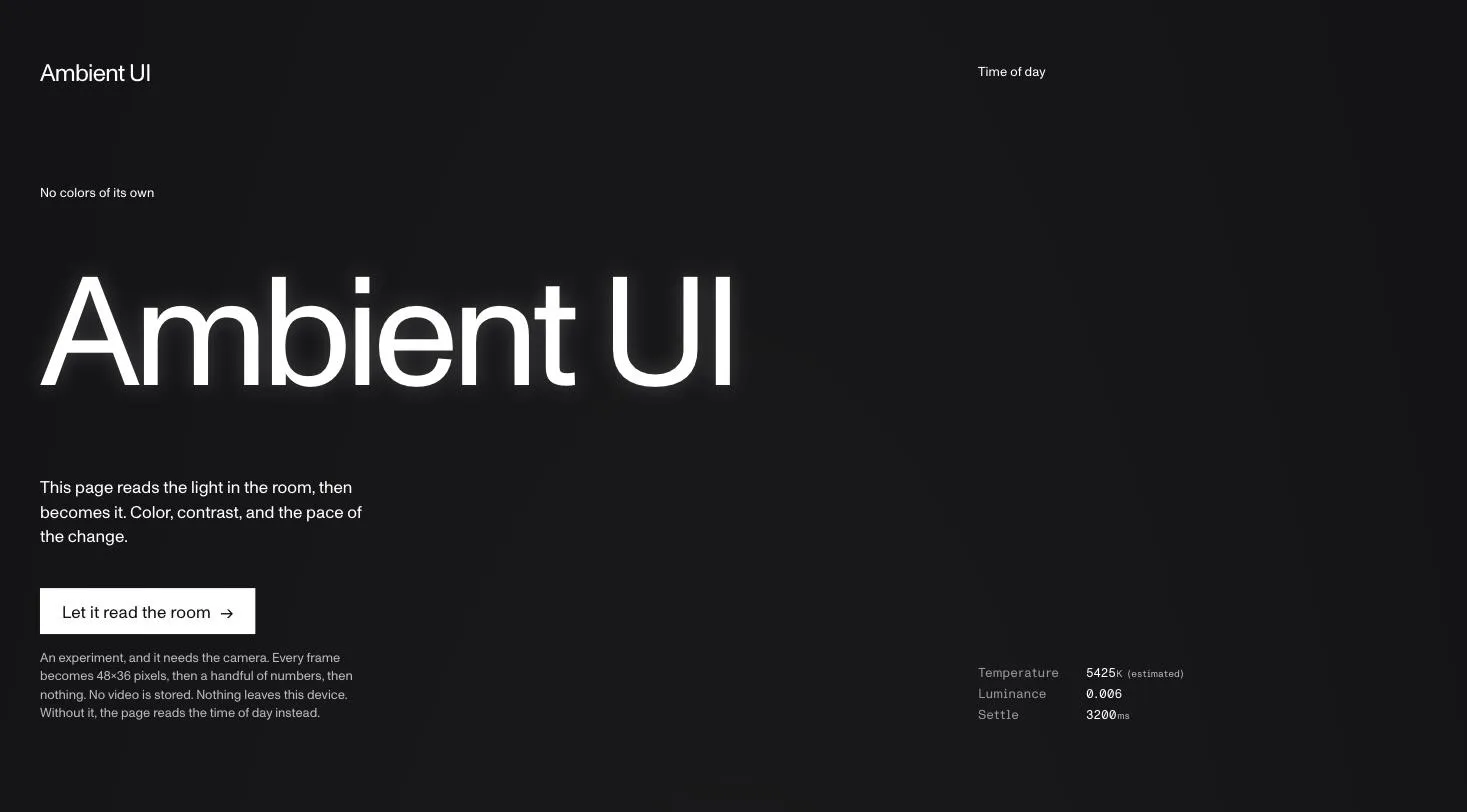 The page at rest, before permission: the wordmark Ambient UI, the claim beneath it, and a readout running on time of day