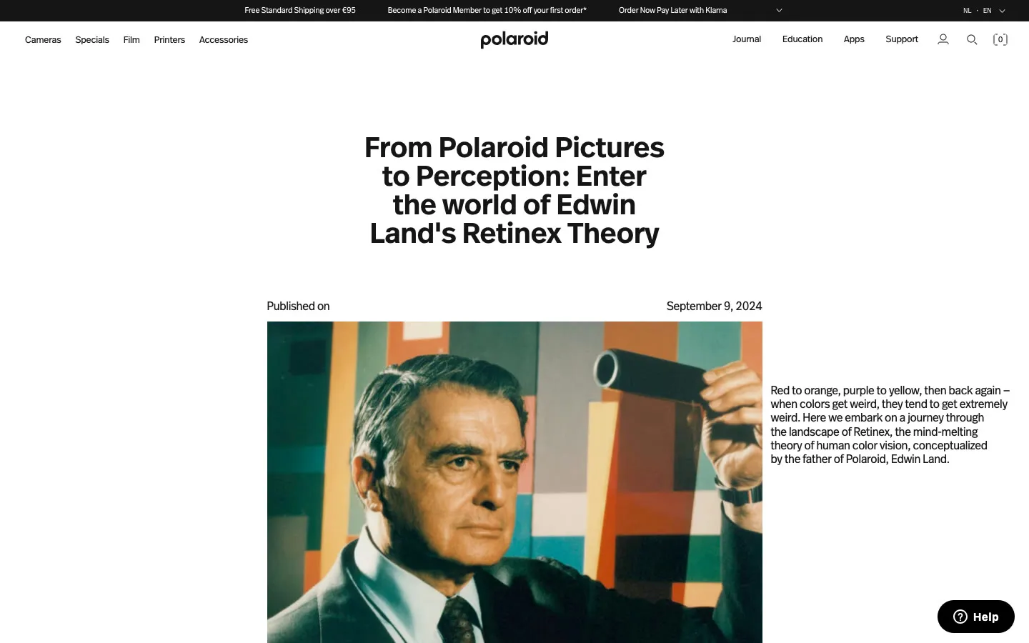 The Retinex Theory article in the Polaroid journal: a portrait of Edwin Land holding a cylinder in front of a wall of coloured panels, under the headline From Polaroid Pictures to Perception