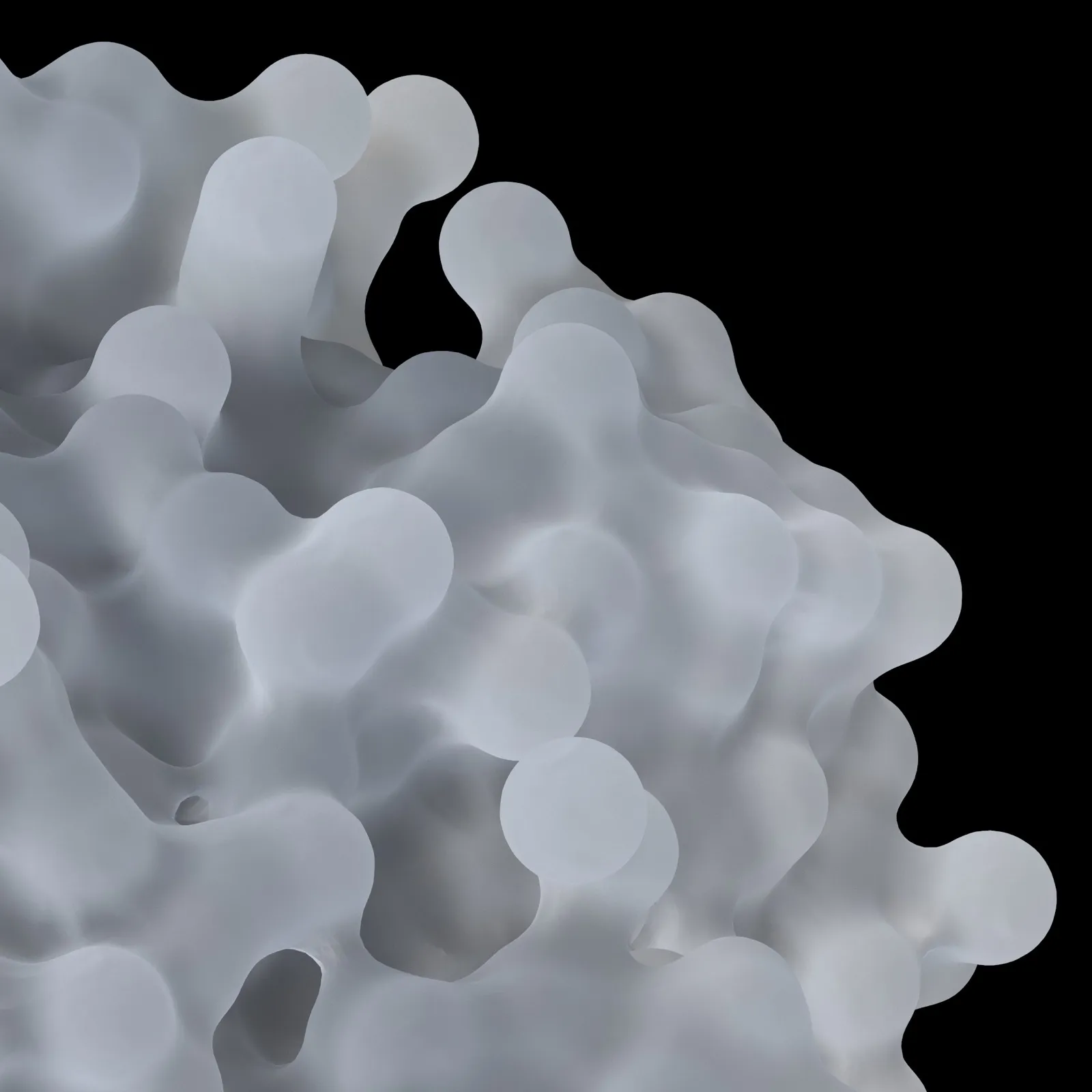 A render of the meshed simulation close up: overlapping pale spheres fused into one soft surface against black