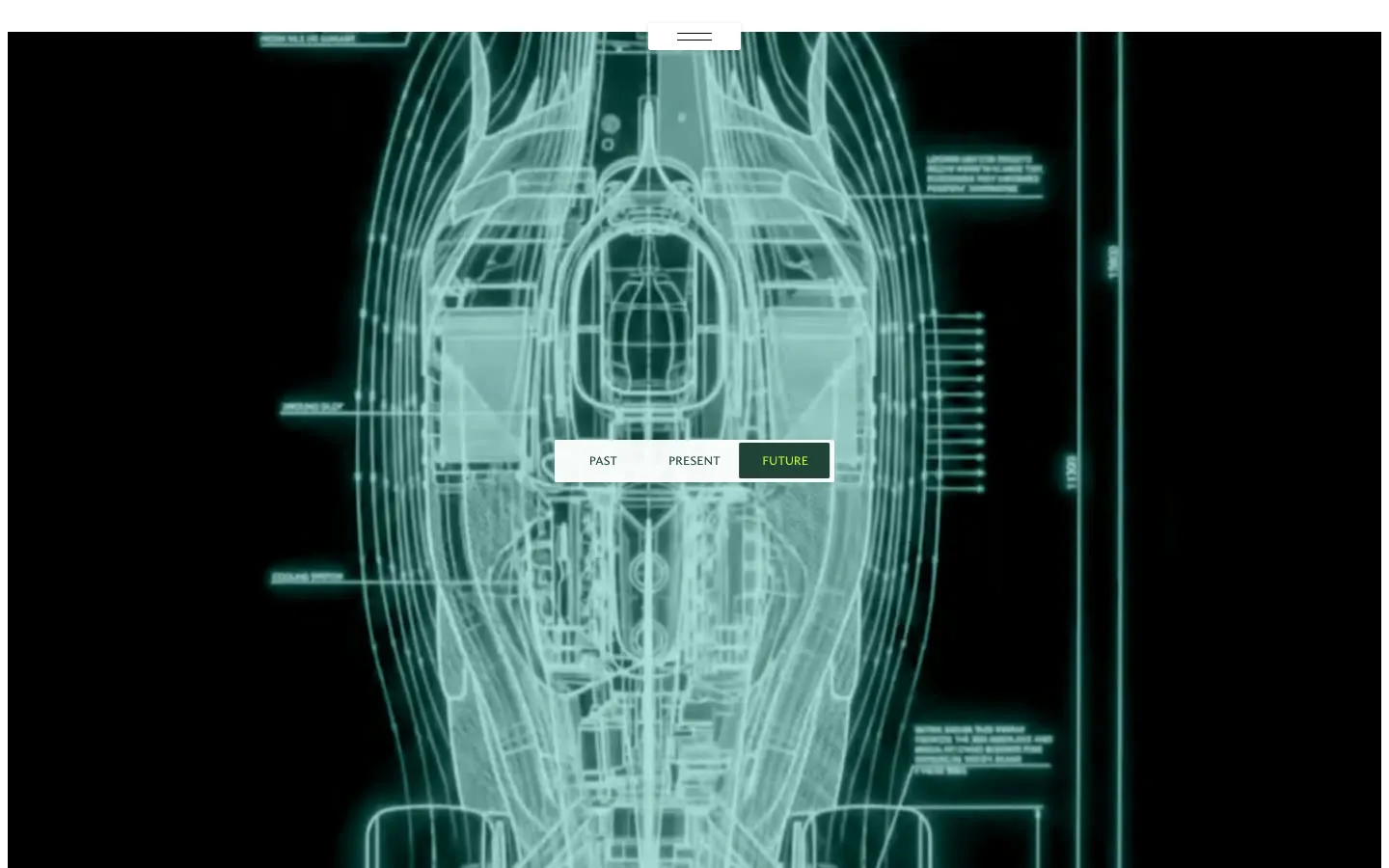 The Future chapter: a glowing cyan wireframe of a Formula One car seen from above on black, annotated with fine technical labels, the past, present and future switch at its centre