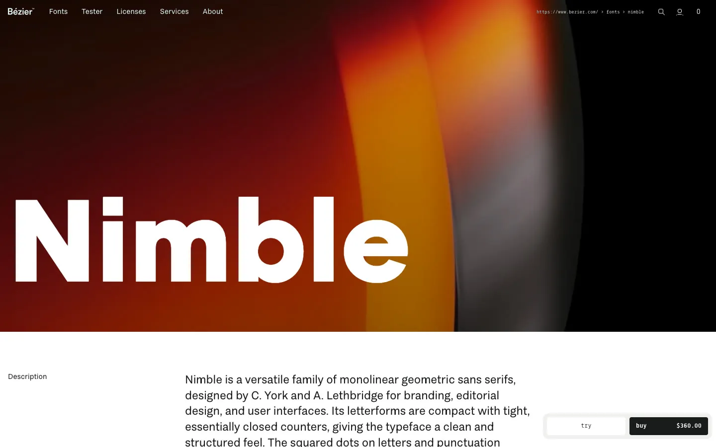 The Nimble family page: the name in heavy white type over an orange and black abstract image, above the start of a written description