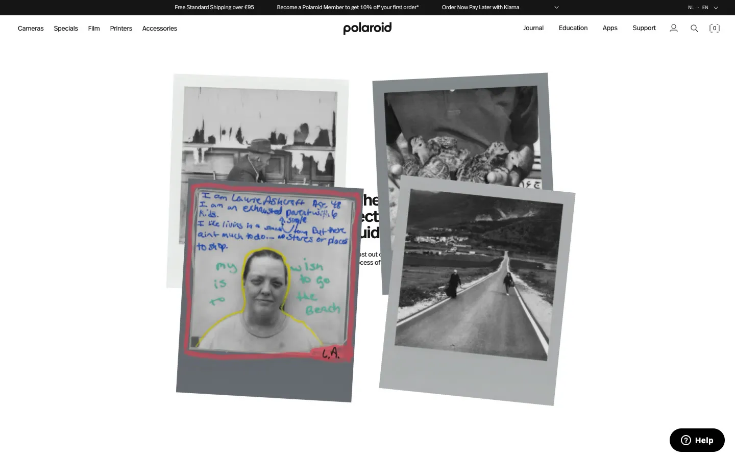 The opening of The Imperfectionism Guide: four Polaroid prints with grey frames stacked at slight angles, one annotated in blue and green handwriting around a portrait
