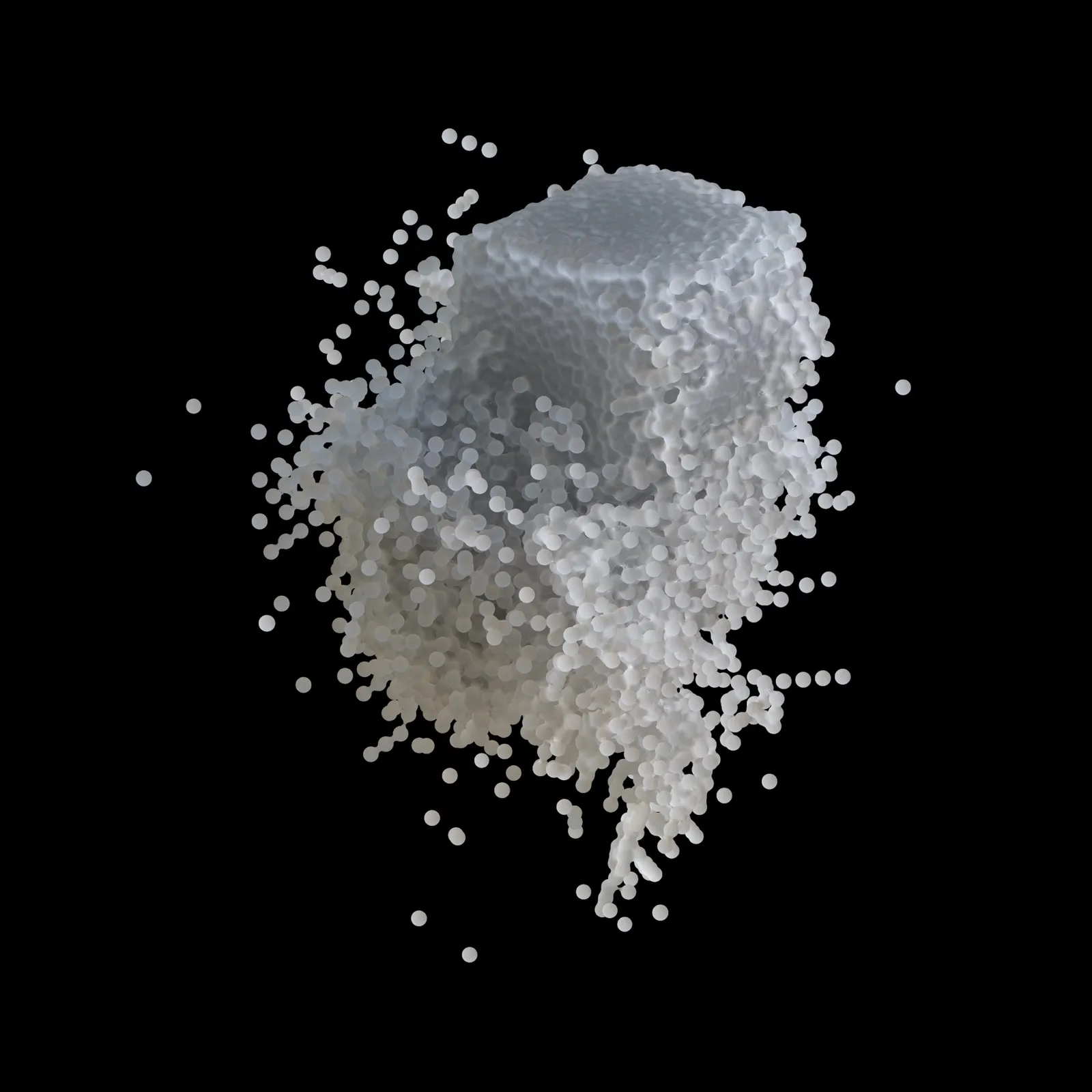 A render of the particles mid-simulation: a cube of white beads breaking apart and spraying outward