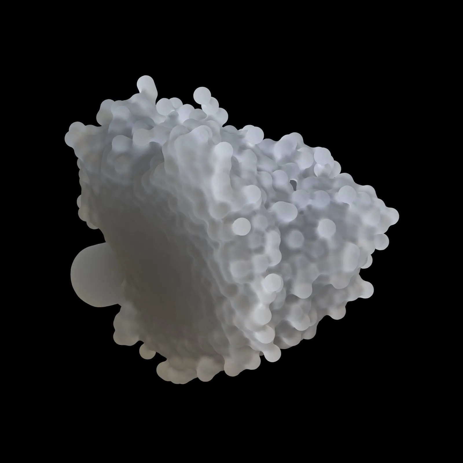 A render of the same particles meshed into one lumpy white solid, a cube face still visible on one side