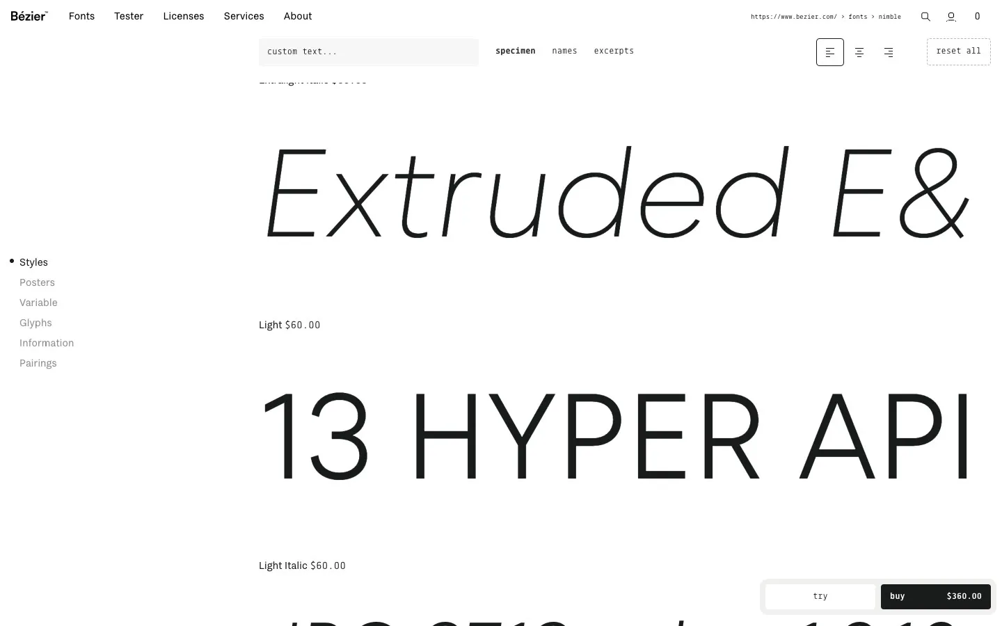 Specimen lines on the Nimble page: Extruded E& in Light Italic and 13 HYPER API in Light, under a bar for custom text and a switch between specimen, names and excerpts