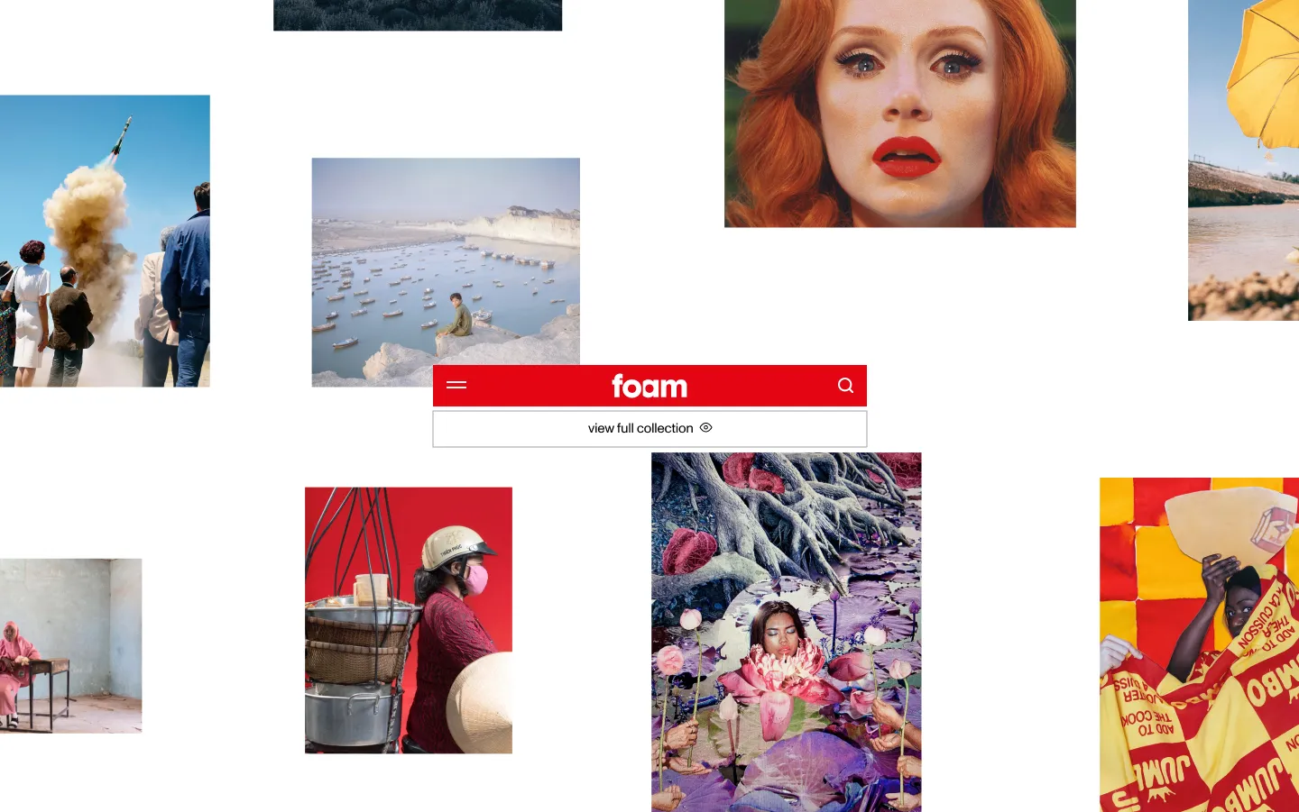 The Foam platform home page: photographs from the collection scattered across a white page around a red navigation bar with the foam wordmark and a view full collection button