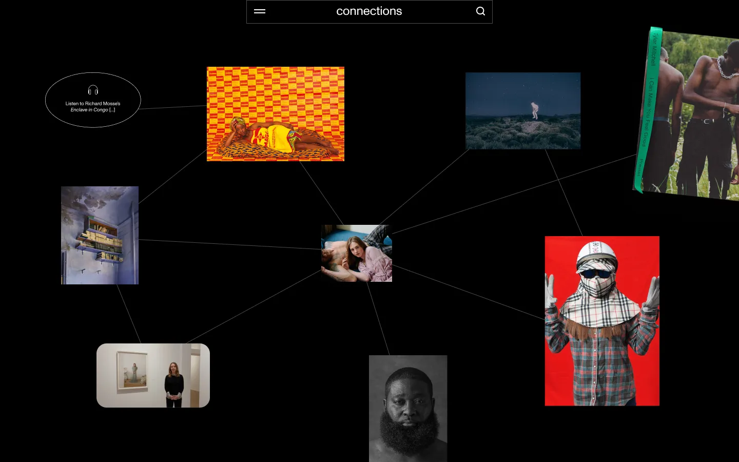 The Connections graph: photographs, a book and a podcast episode laid out on black as nodes, joined by thin lines to a central photograph they share a theme with