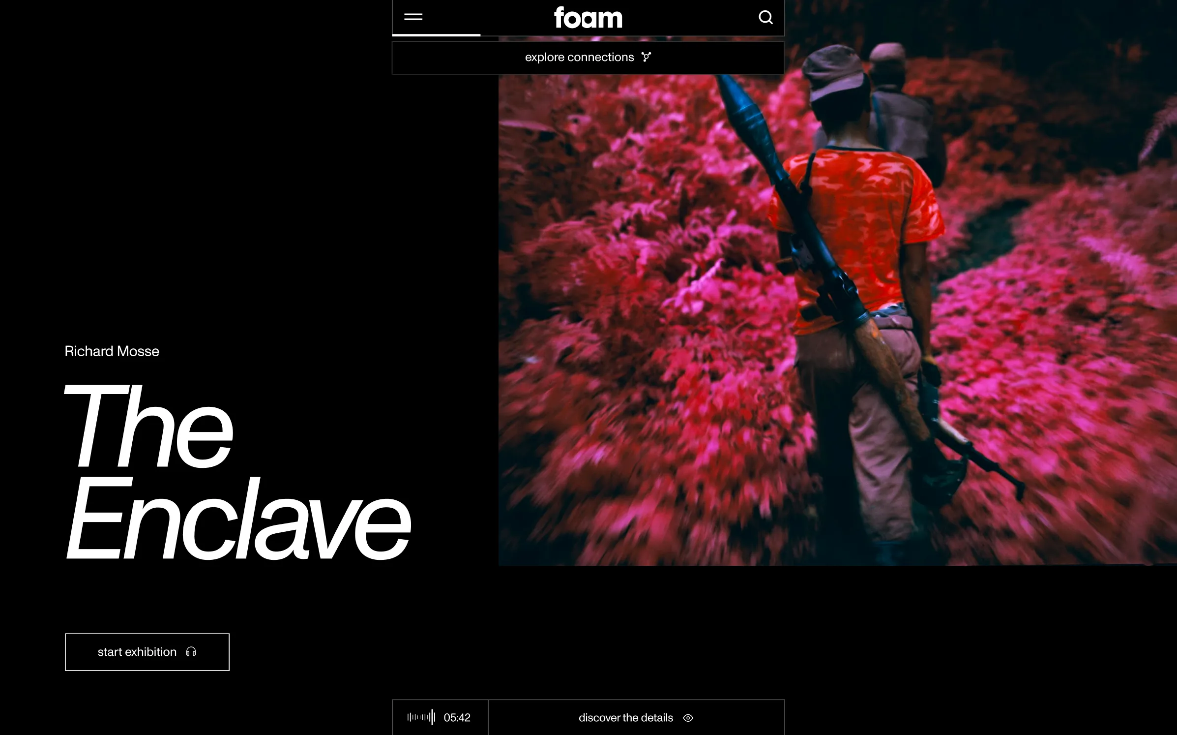 The exhibition page for Richard Mosse’s The Enclave: the title in large italic type beside a photograph, with an explore connections button under the navigation and an audio guide bar at the foot
