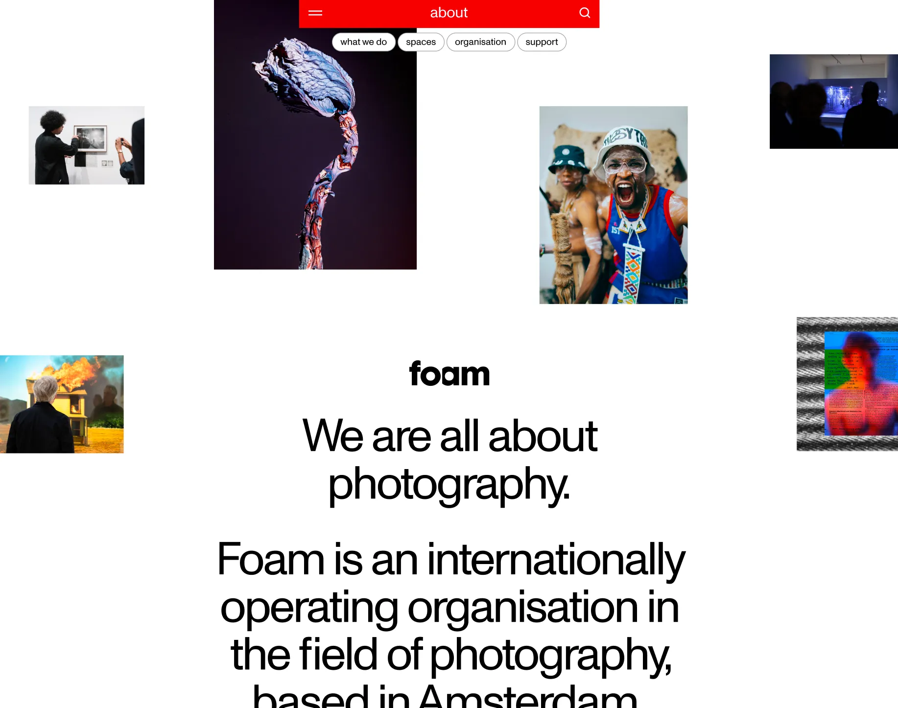 The About page: photographs scattered around the foam wordmark and the headline We are all about photography, under a red navigation bar with what we do, spaces, organisation and support