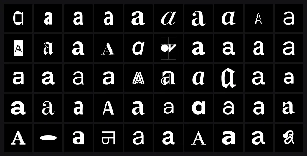 Contact sheet of scraped glyphs: a five-by-ten grid of black tiles, each holding one white lower-case a from a different installed font — sans, serif, blackletter, italic, a stencil, a Devanagari face and one that renders as a lone ellipse