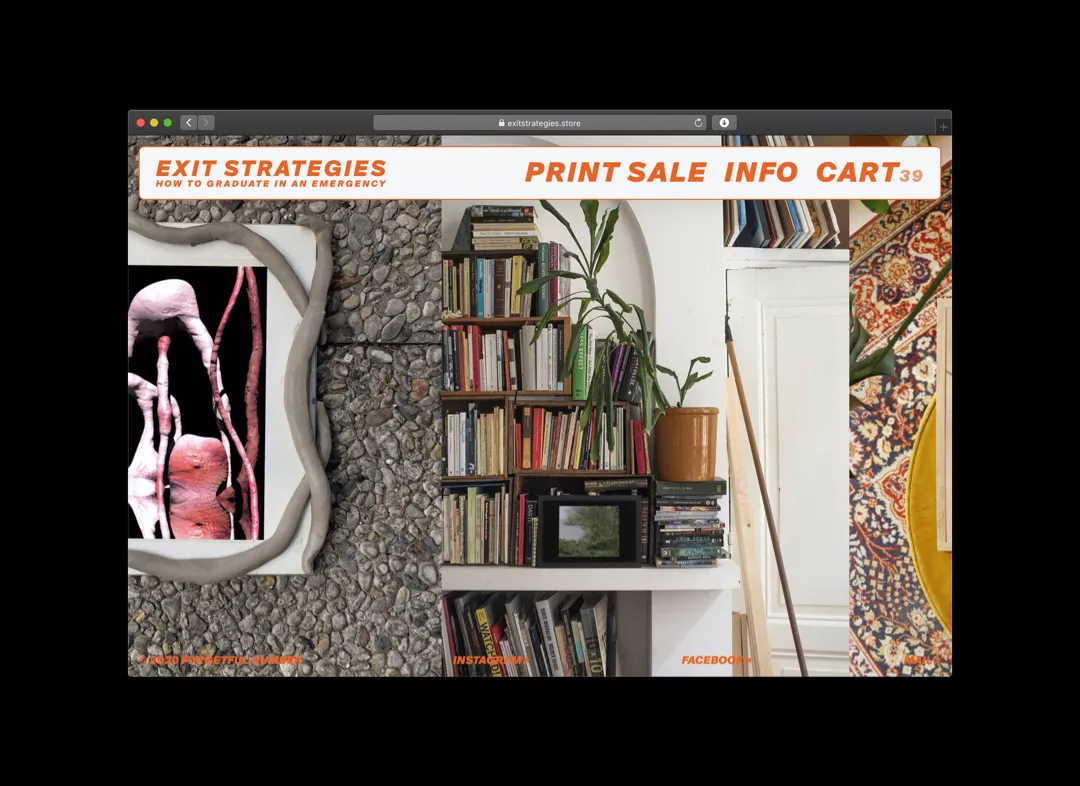 The store’s home page: the orange Exit Strategies header with Print Sale, Info and Cart over a collage of a bookshelf, a gravel floor and a pink sculpture