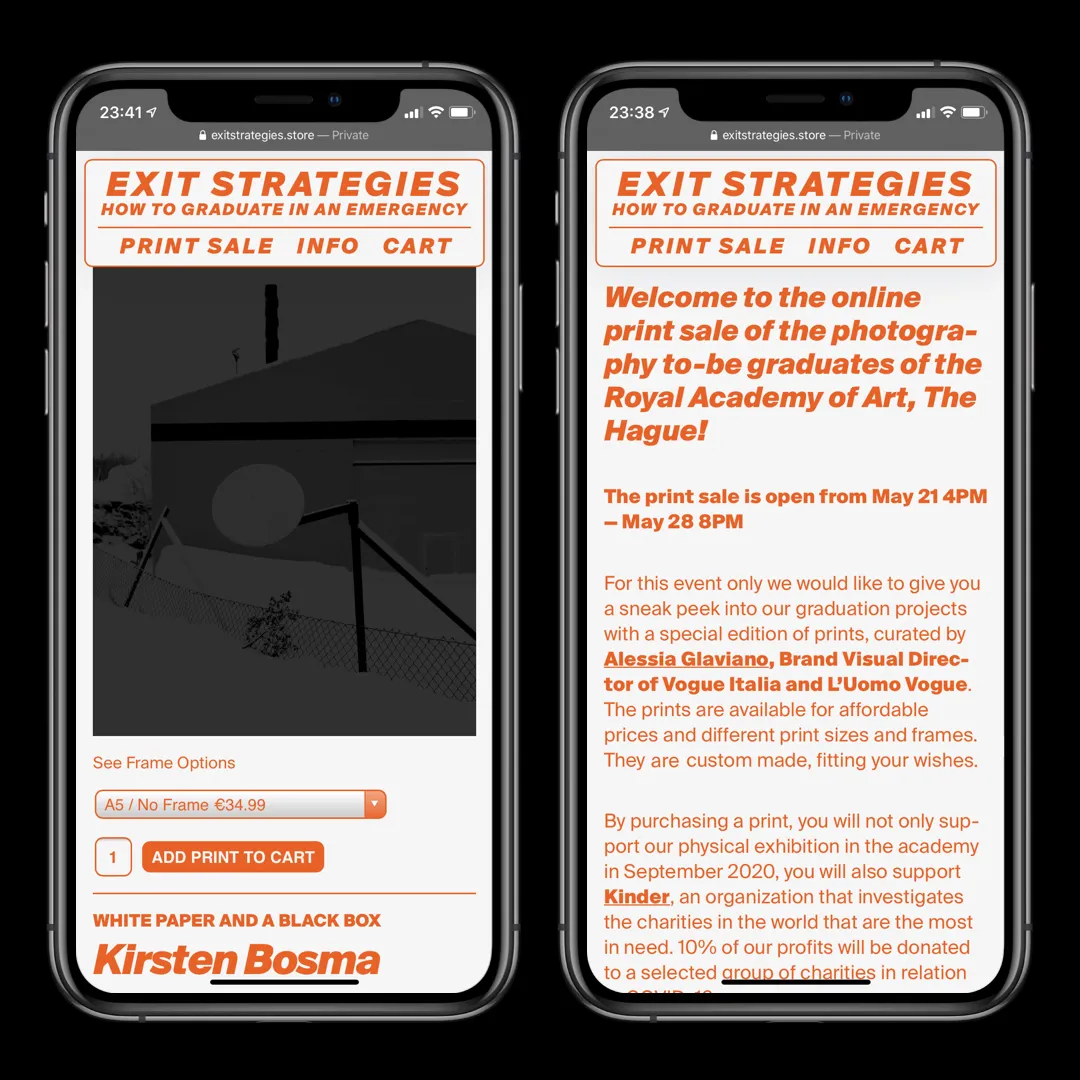 Two phones showing the store: a print’s product page with a frame selector and add-to-cart button, and the welcome text