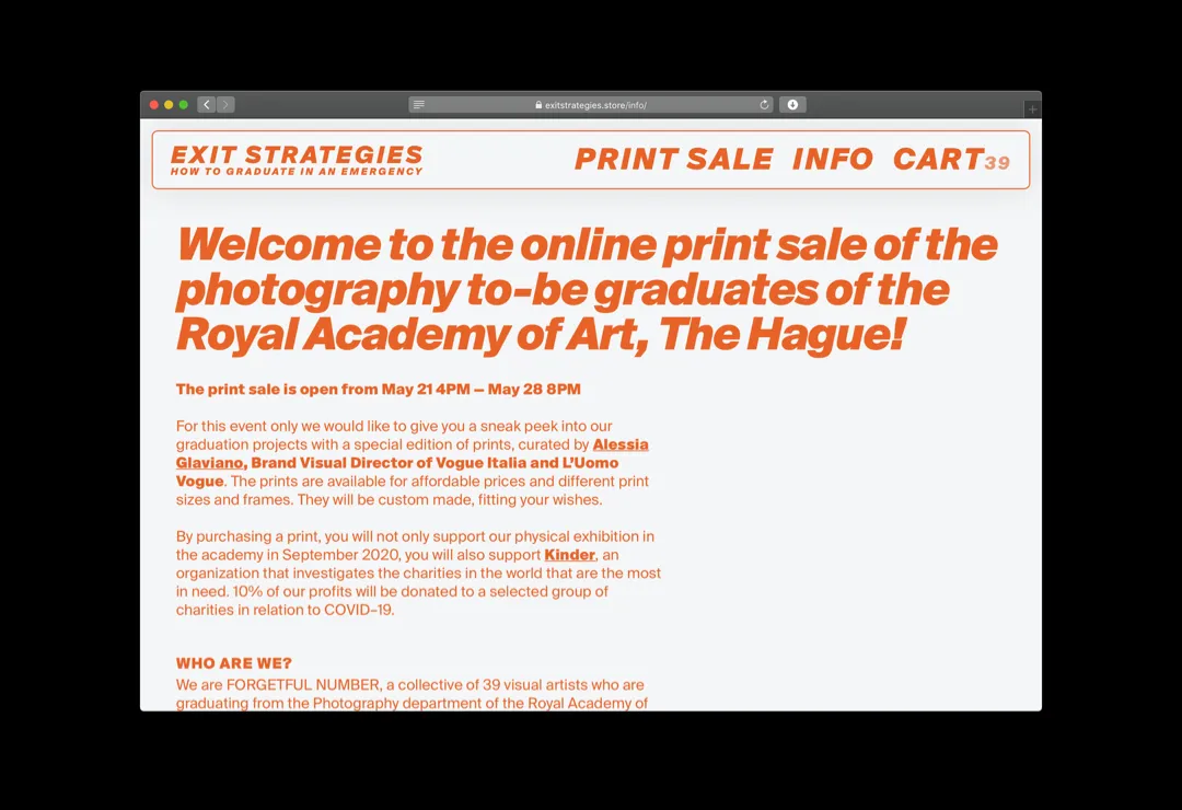 The welcome page: Welcome to the online print sale of the photography to-be graduates of the Royal Academy of Art, The Hague, in orange, with the dates and the terms of the sale below