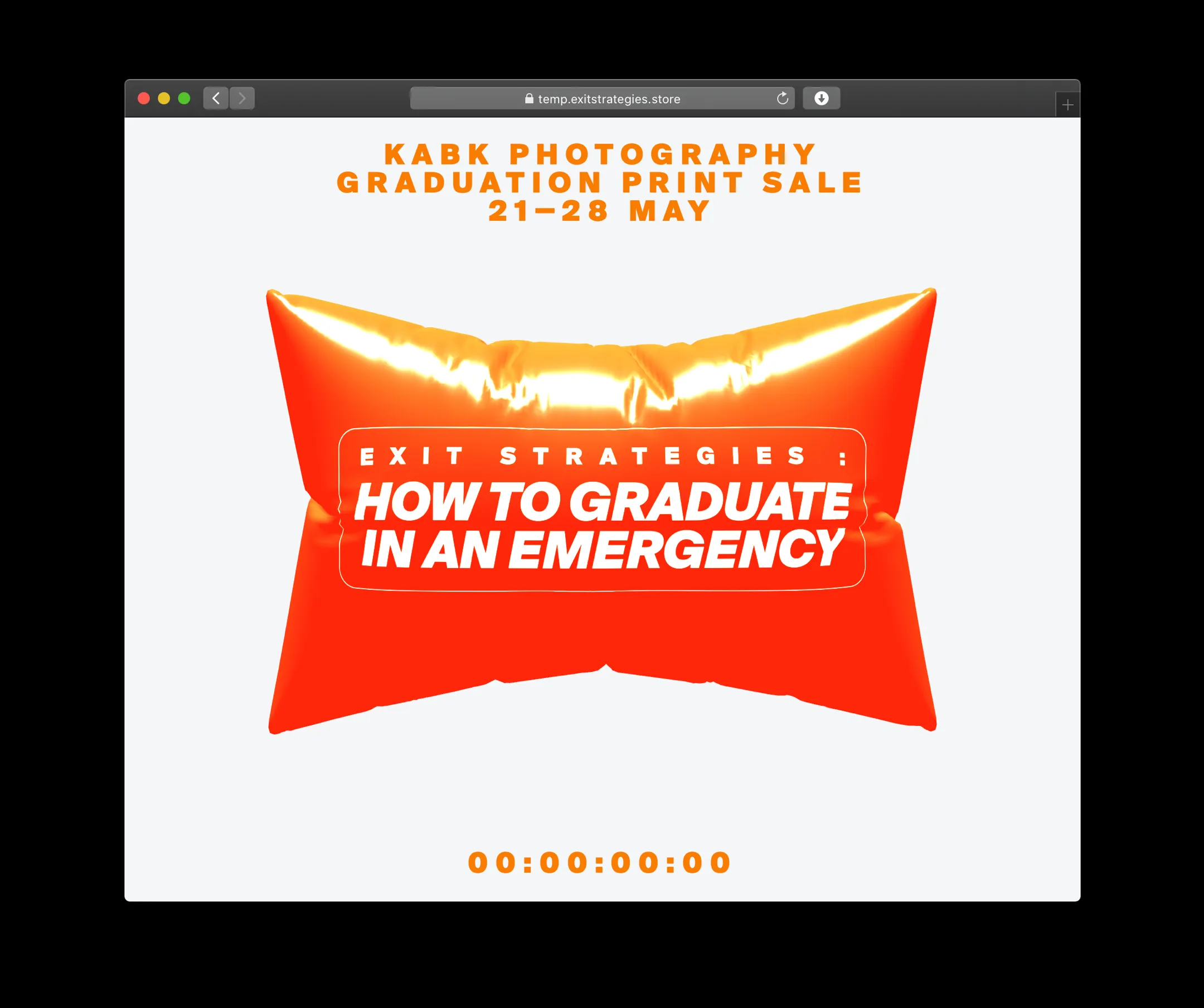 The countdown site: an orange inflatable pillow printed with Exit Strategies: How to Graduate in an Emergency, under the line KABK Photography Graduation Print Sale 21–28 May and above a running clock