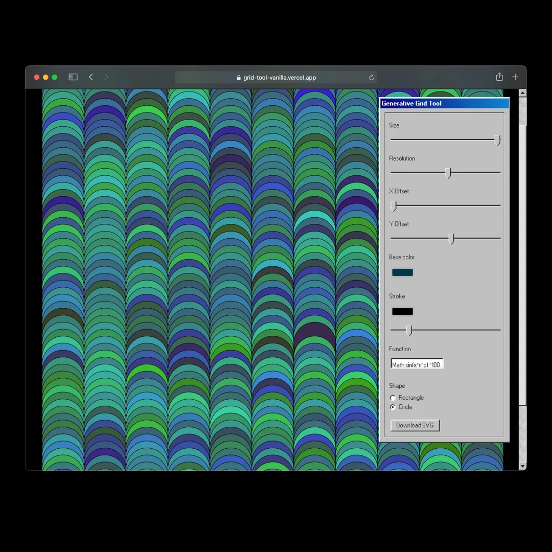 The tool in a browser window: a field of blue and green arcs beside the Windows 98 control panel