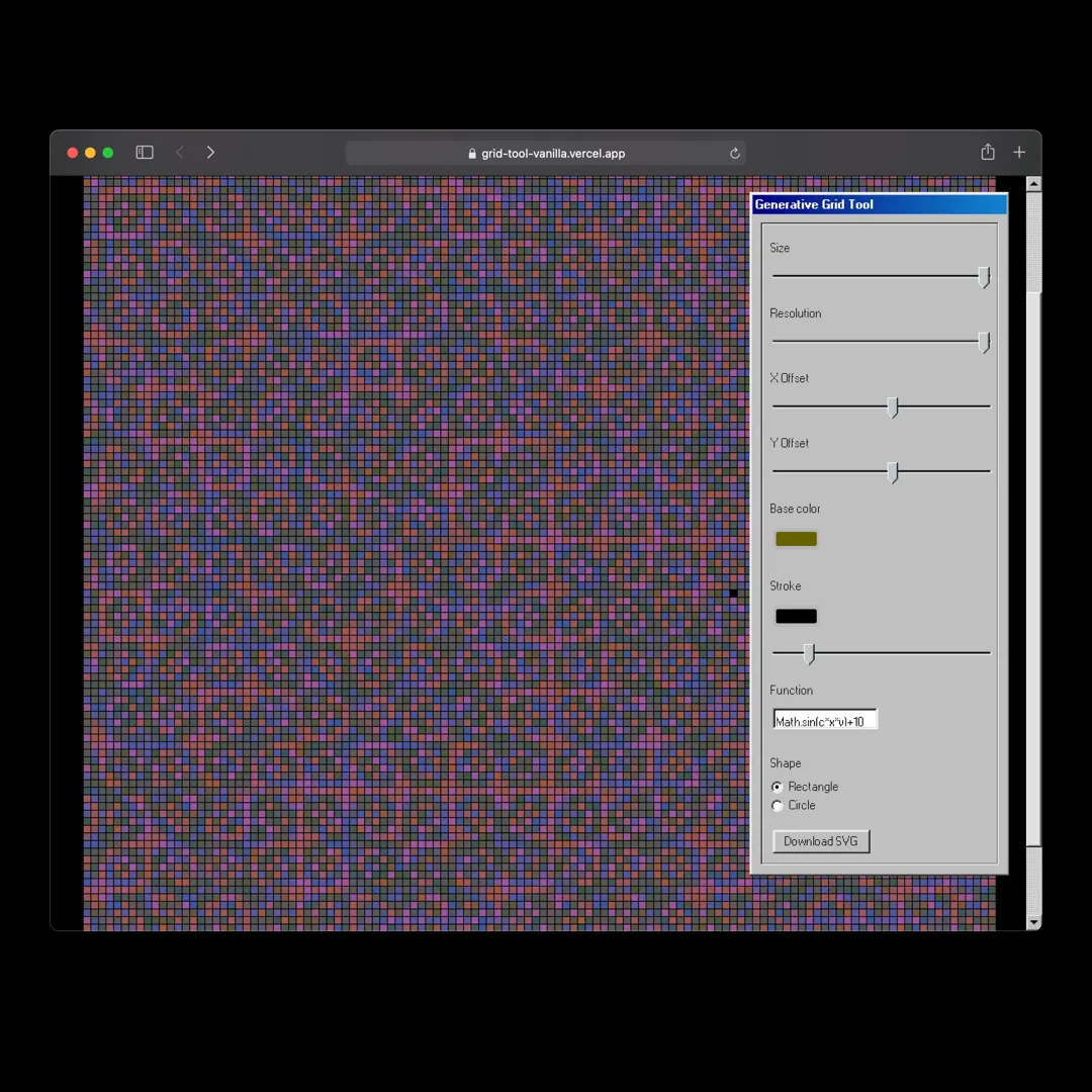 Warped moiré pattern from Math.sin(c^x*y)+10