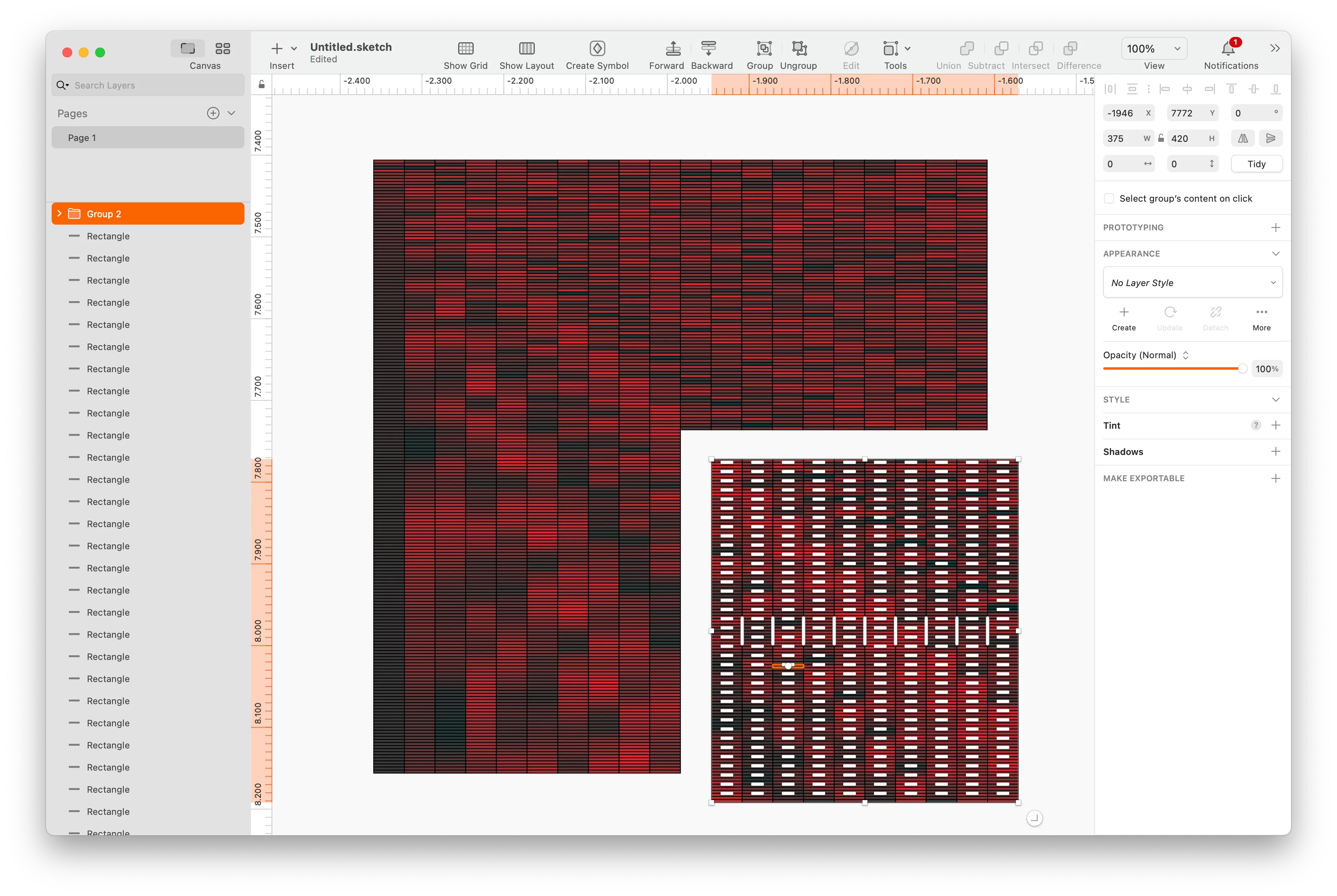 Exported grid opened as editable rectangles in a vector editor