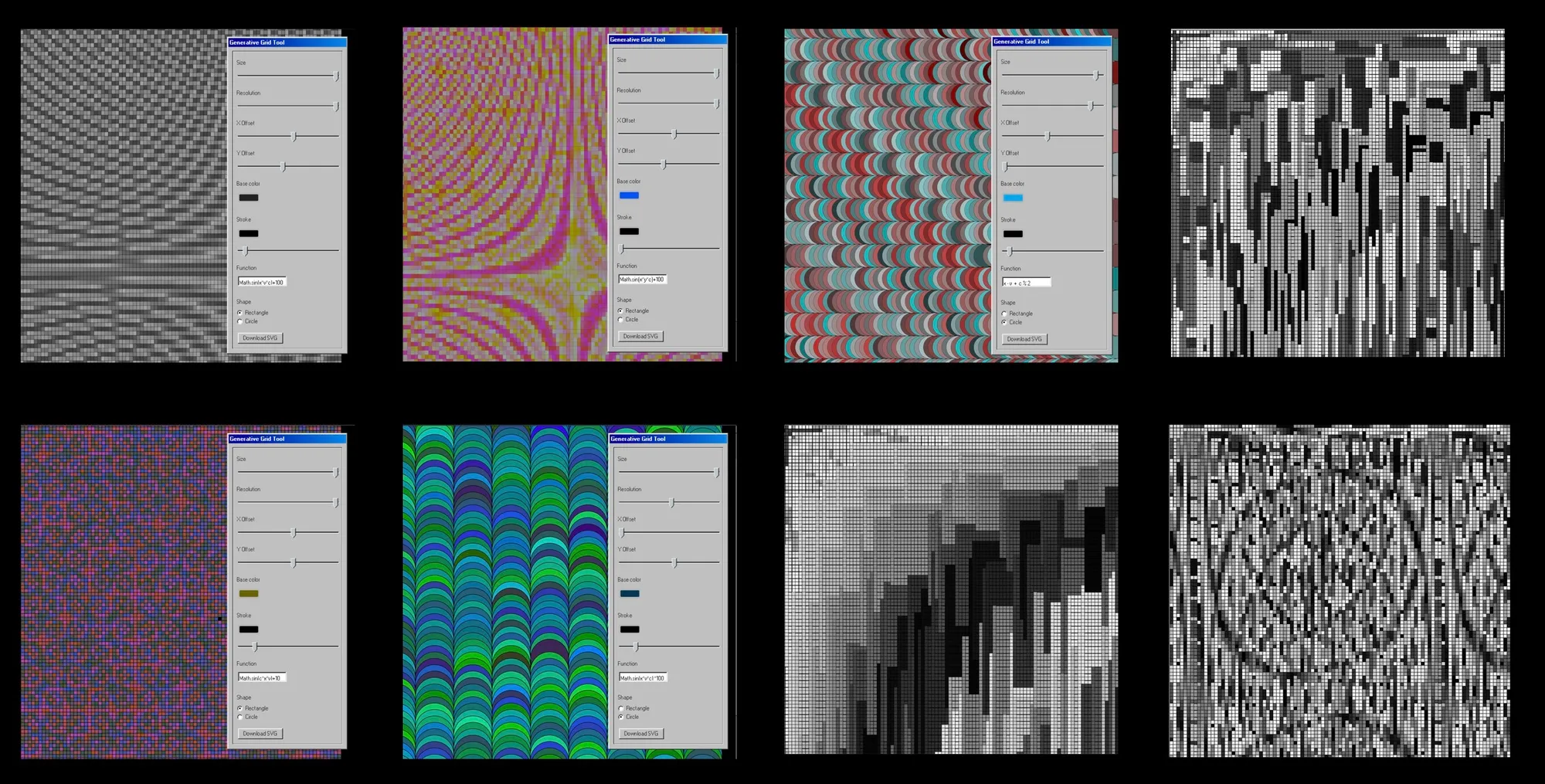 Eight outputs in a grid, six beside the Windows 98 control window with its size, resolution, offset, colour, stroke, function and shape settings: moiré checks, pink and yellow hyperbolae, rows of red and teal arcs, blue-green scales, and greyscale bars