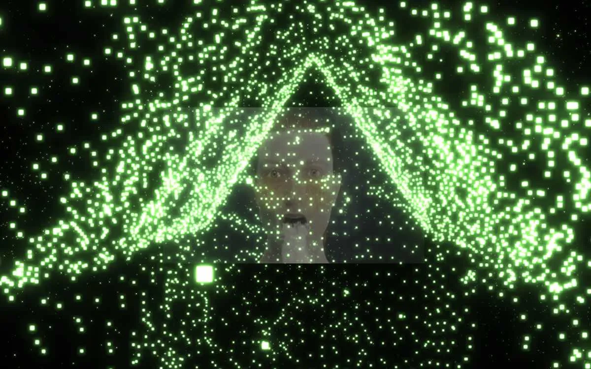 The artist’s video canvas, half-obscured by the point-cloud field