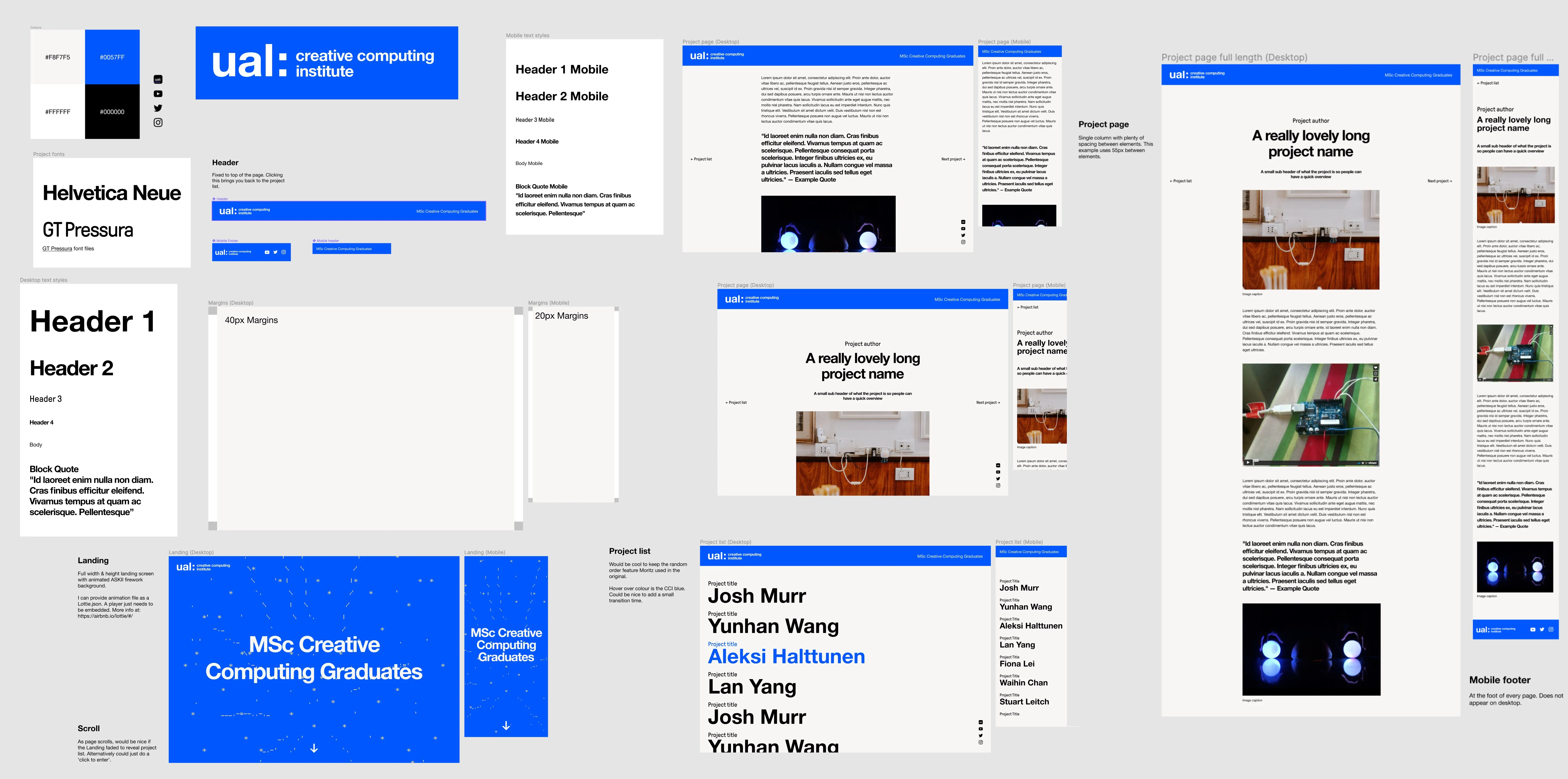 The Figma file: the UAL colour swatches and logo, desktop and mobile text styles, margins, and mockups of the landing, project list and project pages
