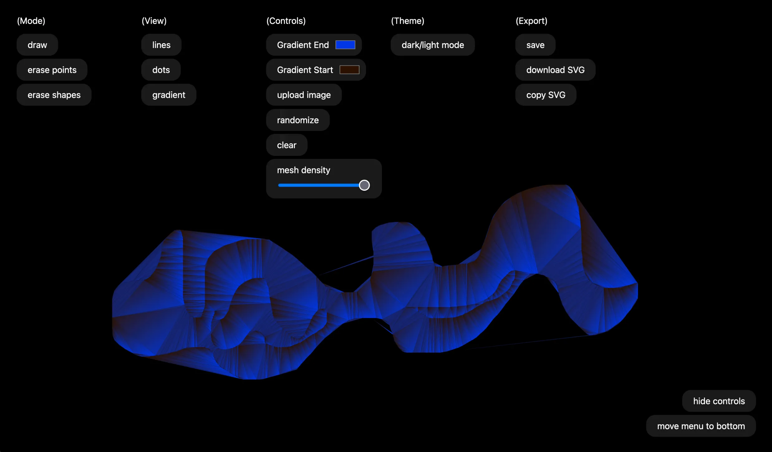 The Polytess interface: mode, view, controls, theme and export buttons across the top, above a drawn stroke triangulated into a mesh and filled with a dark-to-blue gradient