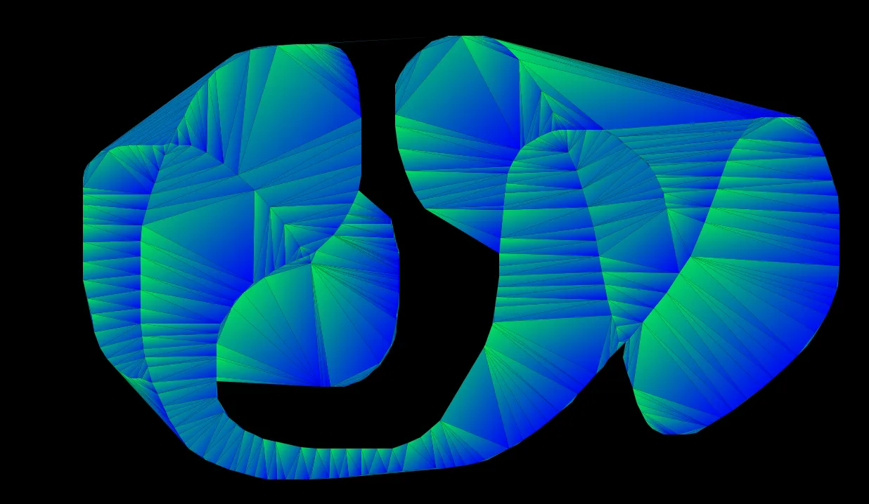 A thick curling stroke triangulated into long fans of thin triangles, filled with a green-to-blue gradient on black