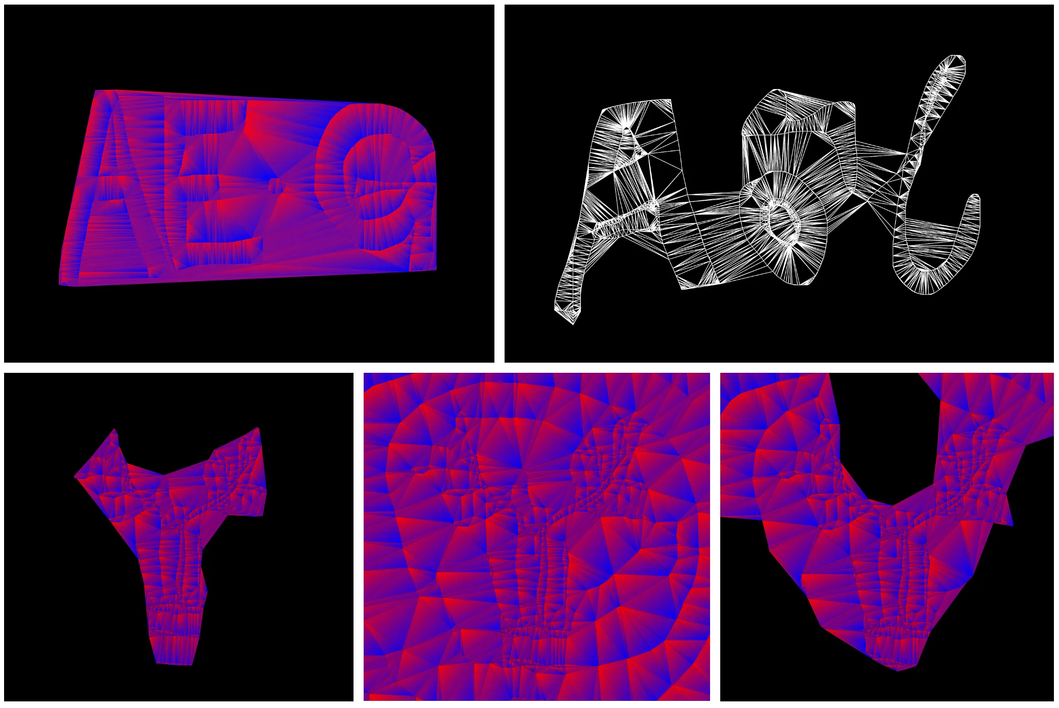 Five meshes: the letters AEG filled in a red-to-blue gradient, hand-drawn letters as a white wireframe, and three red-and-blue meshes: a figure on its own, the same figure inside a mesh filling a square, and that square with a section cut away
