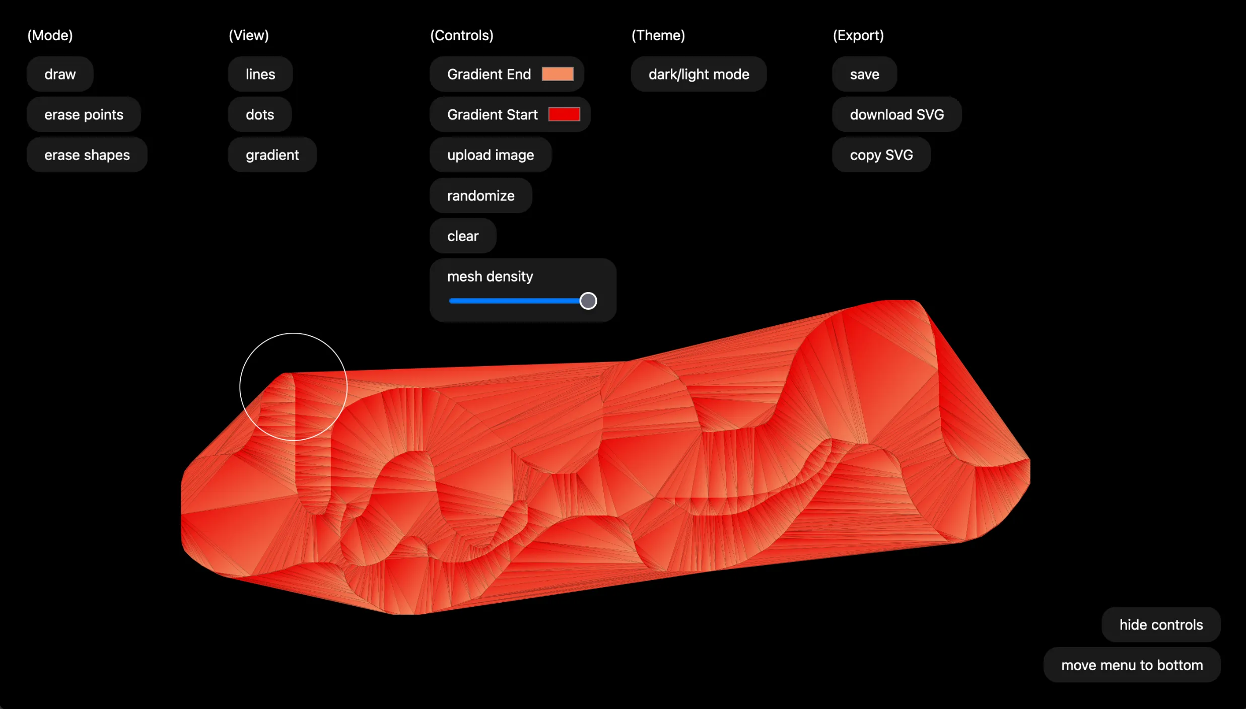 The Polytess interface again, with the mesh refilled in a red-to-orange gradient and a circular brush cursor over its left edge
