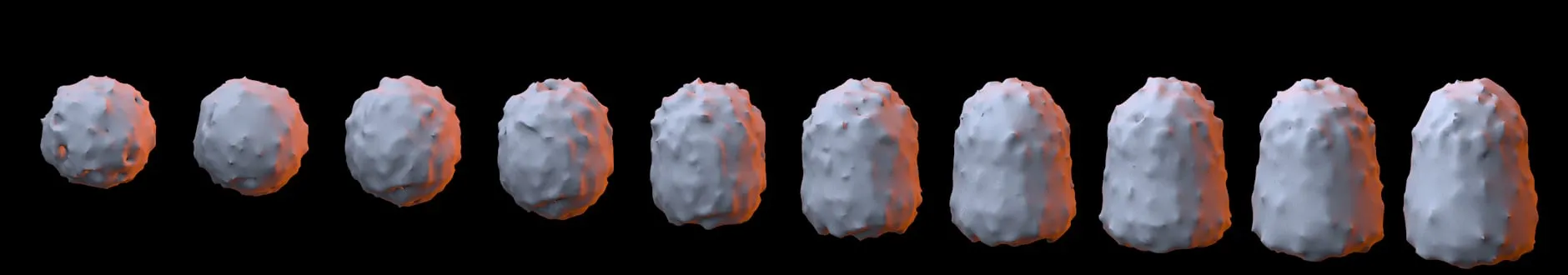 Ten meshed frames of one simulation in a row on black, drawn flat without perspective under a cool key light and an orange rim light: a small spiky ball on the left grows frame by frame into a tall, lumpy bell on the right
