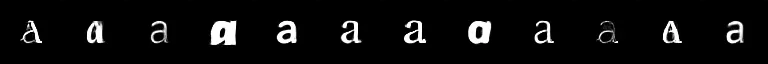 Random samples: a row of thirteen generated a’s at one setting, ranging from a thin serif to a heavy grotesque, two of them eroded into near-shapes