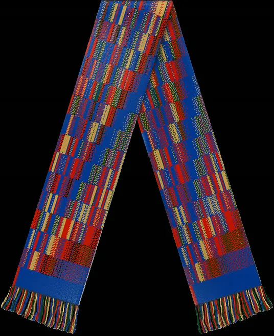A rendered scarf on black, knitted in a generated pattern of blue, red, gold and green blocks, with multicoloured fringes