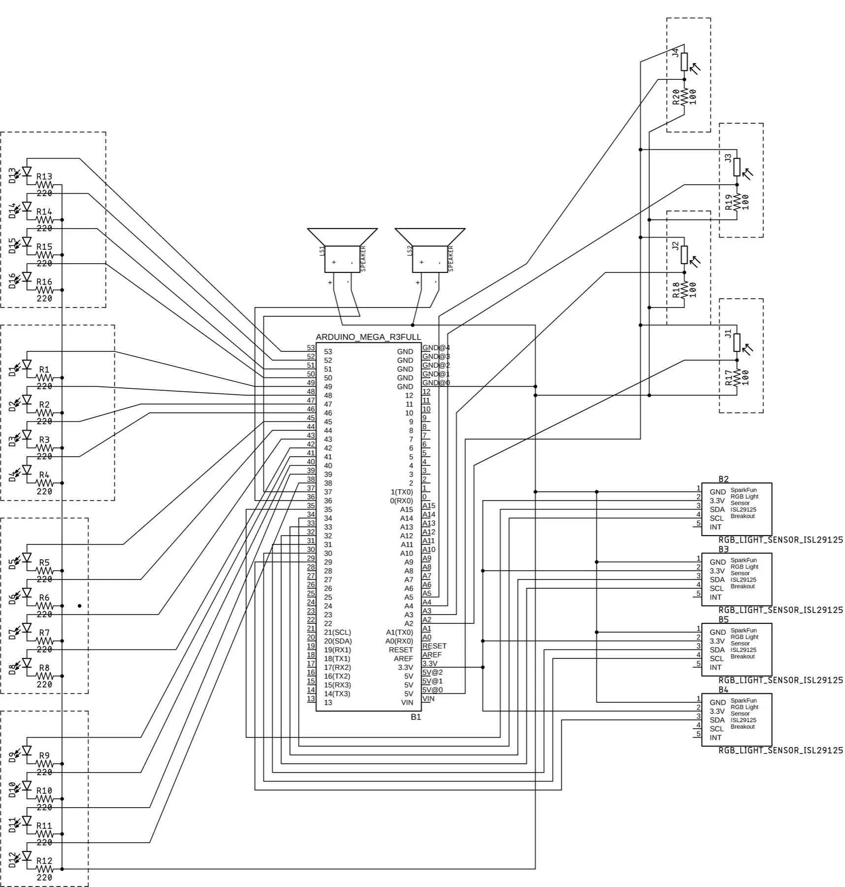 The circuit schematic: a chip at the centre, wired out to light sensors and speakers