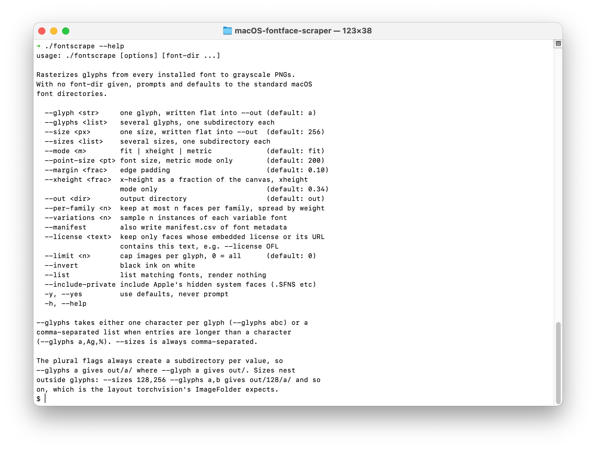 The fontscrape help text in a macOS Terminal window: usage, then a column of flags for glyphs, sizes, rendering mode, margins, output, per-family cap, variations, manifest and licence filter