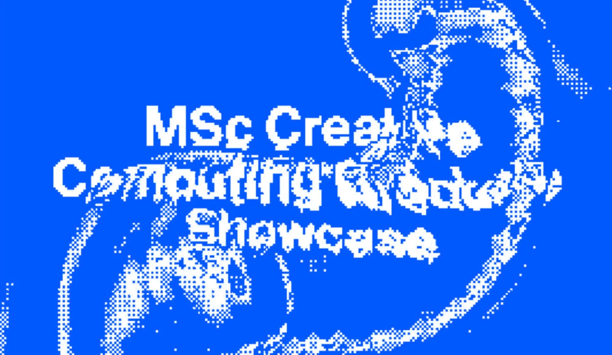 The hero mid-drag: the white pixel type of the title torn apart by a dithered wave the cursor has pulled across the blue