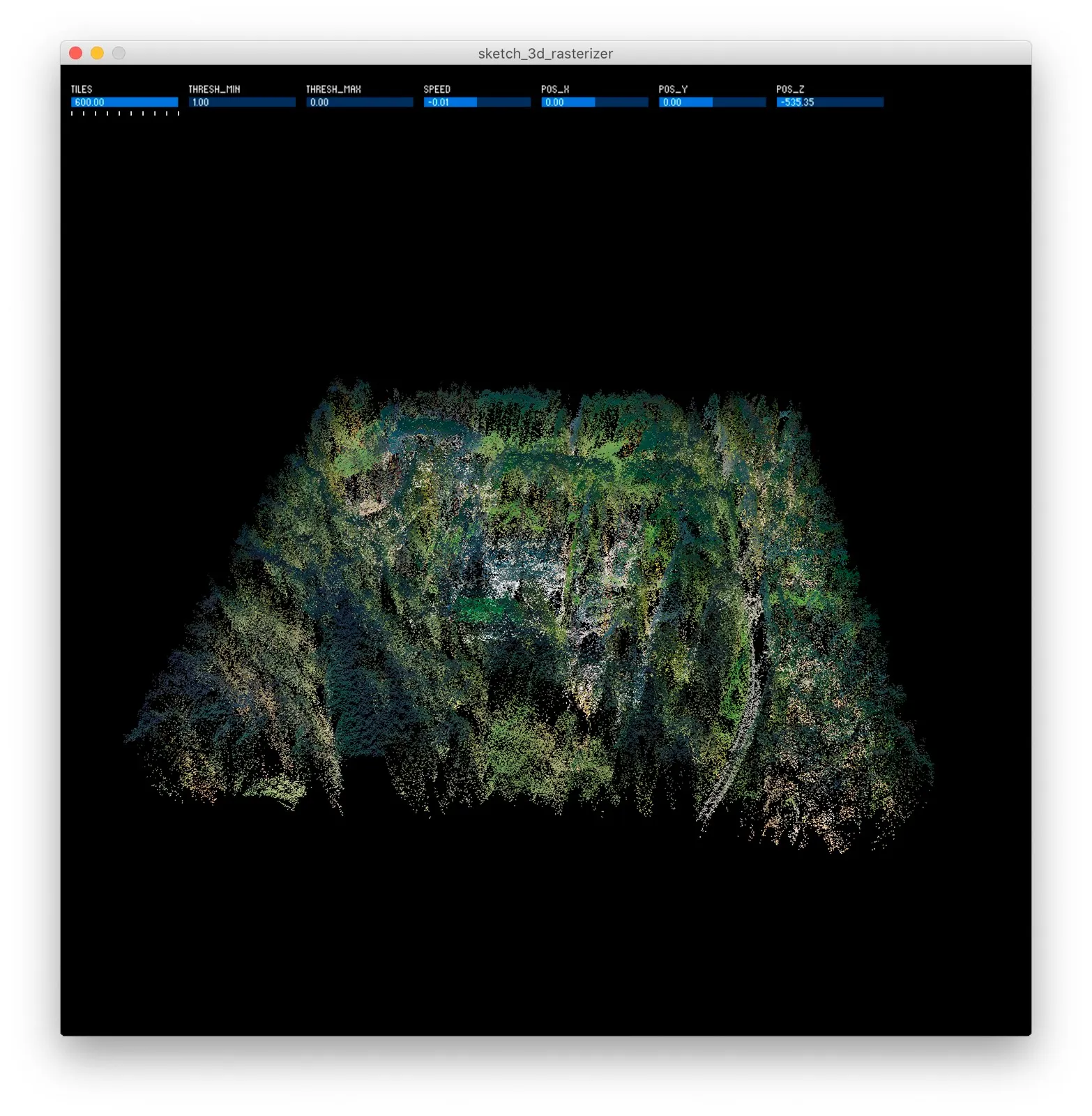 An early point cloud made from an aerial photograph of forest, green points raised into a textured slab