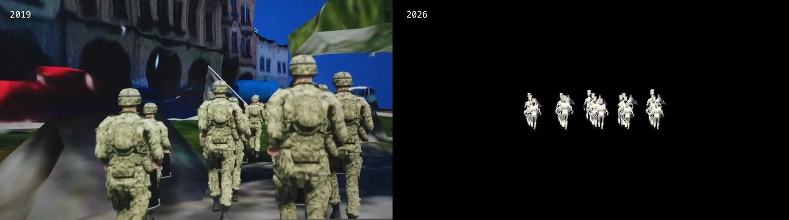 Two frames side by side. 2019: the band from behind at street level, soldiers in camouflage marching through the streamed town square. 2026: the same build started again, the band as small white figures marching on black