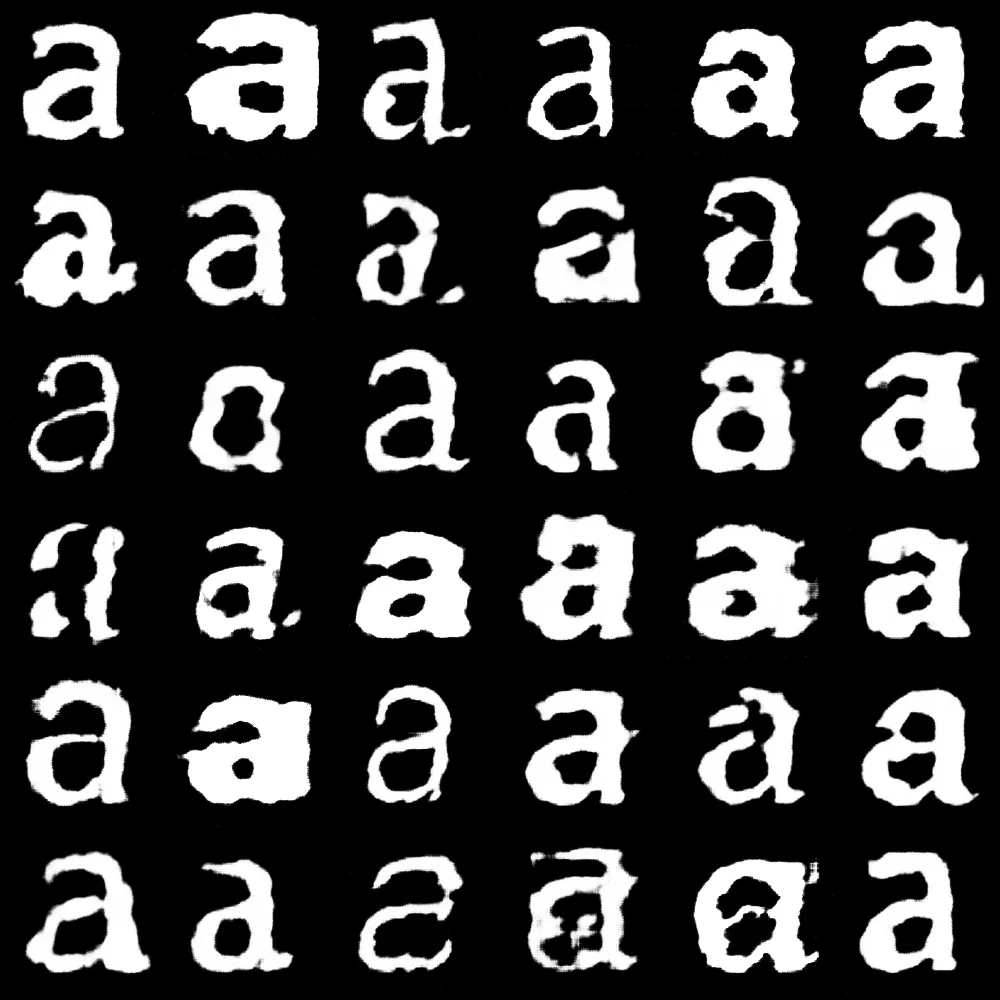 Generated glyphs from the 2020 run: a six-by-six grid of lower-case a’s, white on black, each with blotched and eroded edges, some near-legible and some collapsing into shapeless marks
