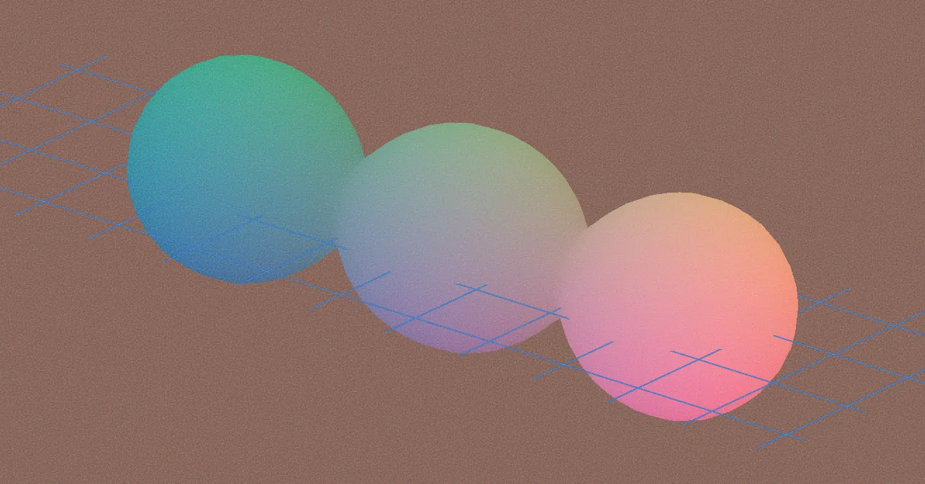 Three procedural spheres merging on a reference grid