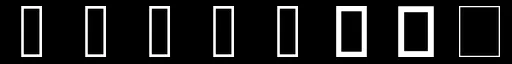 Tofu: a row of nine empty rectangles, white outlines on black, at increasing weights — the .notdef box a face renders for a character it has no glyph for