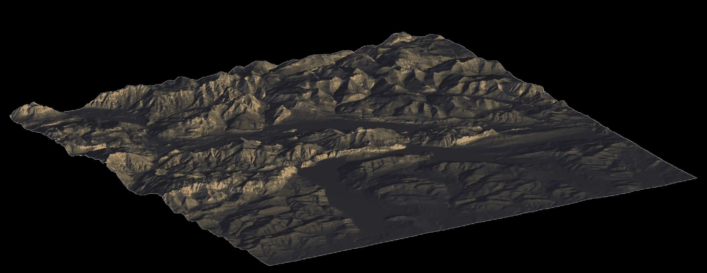 The terrain’s elevation alone, untextured: a square tile of ridges and valleys lit by a low sun against black