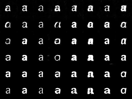 A training grid: six rows of eight generated a’s on black, crisp and varied in weight and width, a few of them slumping into shapes that are no longer letters