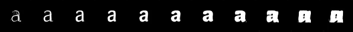 Weight axis: a row of eleven generated a’s walking from light to black, the last two thickening past legibility into a solid mark