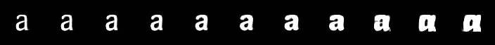 Width axis: a row of eleven generated a’s, the leftmost narrow and light, each step widening and thickening until the rightmost are heavy and nearly closed up